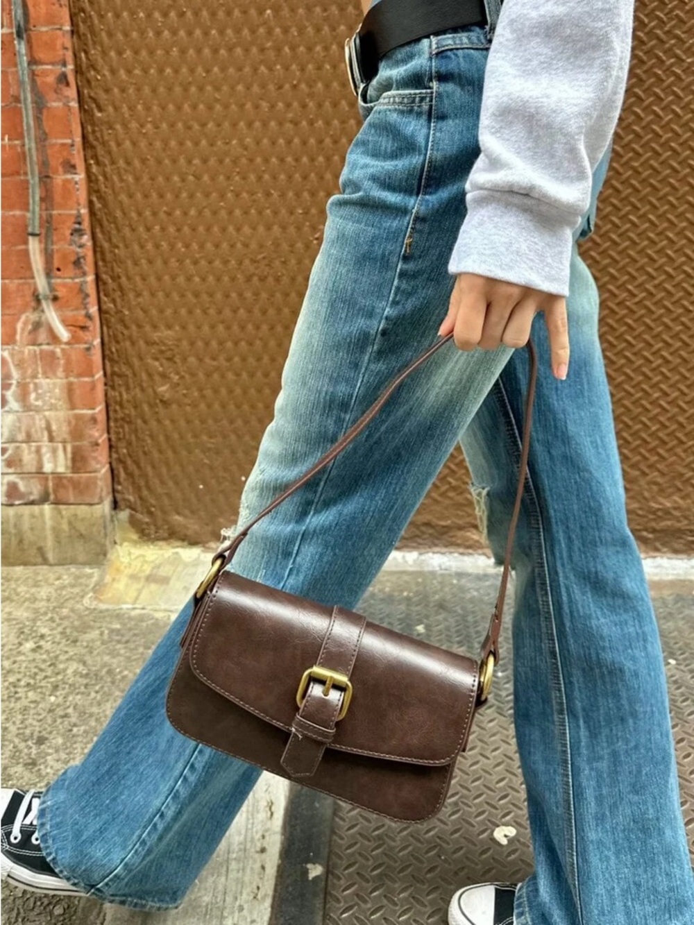 Brandy Melville Classic Brown Leather Buckle Shoulder Bag - Women - Picture 5 of 6